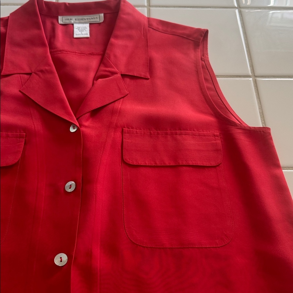 Silk Essentials Red Sleeveless Button-Down Shirt L - image 2